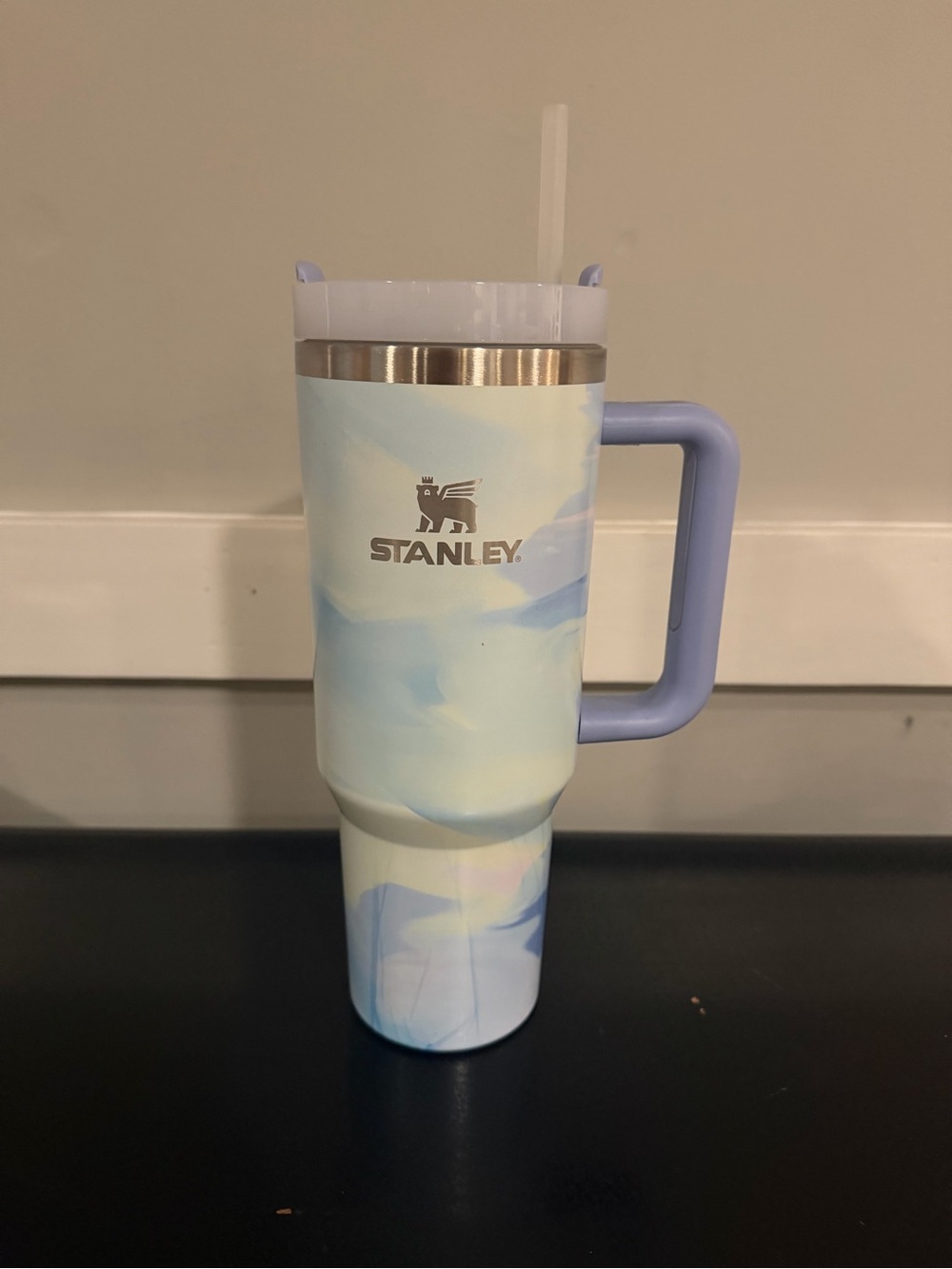 Stanley Light Blue Marble Travel Mug with Handle and Straw